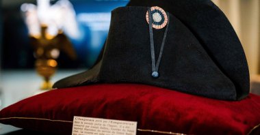 A black bicorne hat with a red, white and blue cockade worn by the French Emperor Napoleon I (1769-1821), from the Collection Jean Louis Noisiez, is displayed before an auction sale at Osenat auction house in Paris, France, Nov. 6, 2023. (AFP Photo)