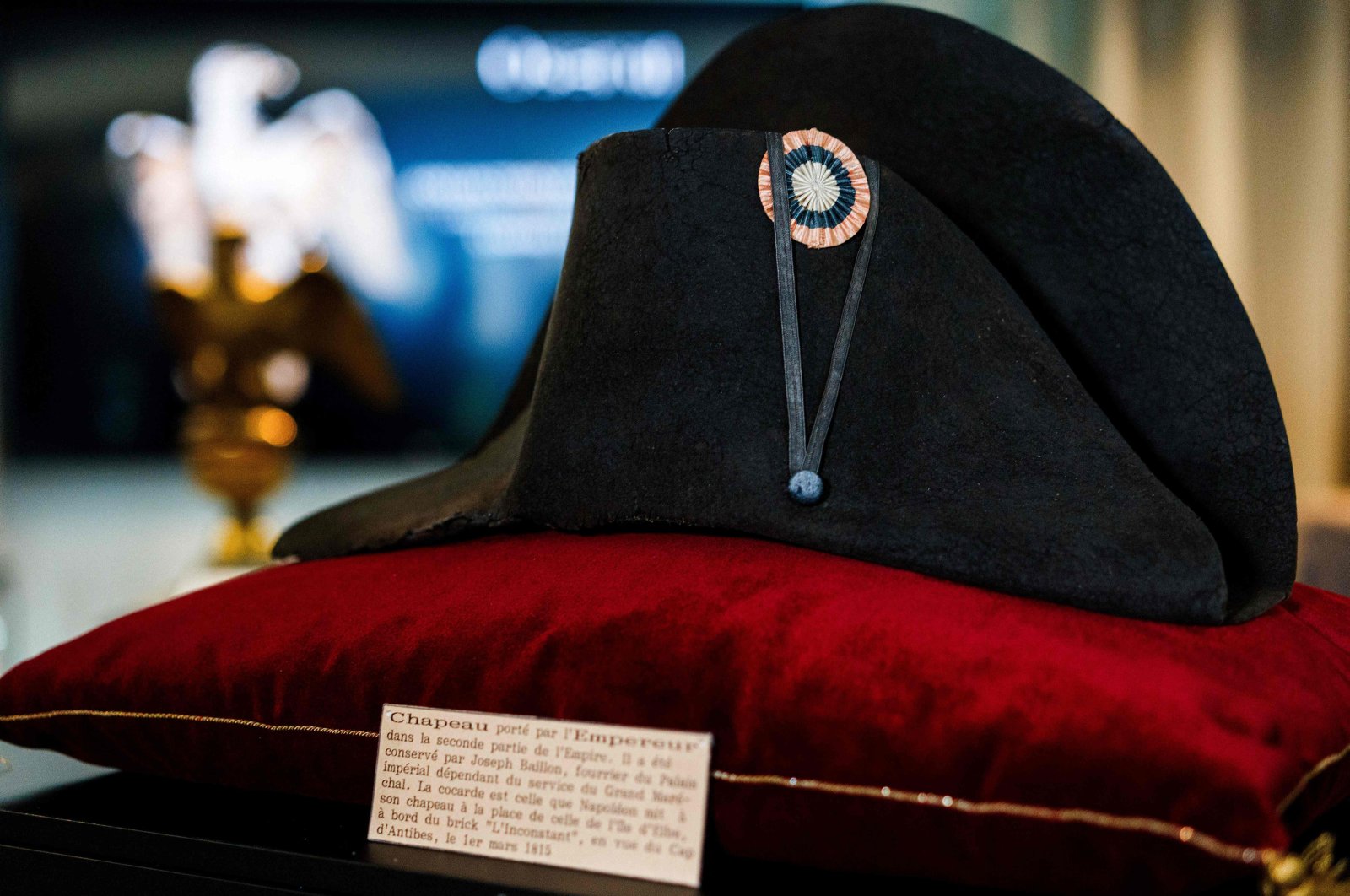 A black bicorne hat with a red, white and blue cockade worn by the French Emperor Napoleon I (1769-1821), from the Collection Jean Louis Noisiez, is displayed before an auction sale at Osenat auction house in Paris, France, Nov. 6, 2023. (AFP Photo)