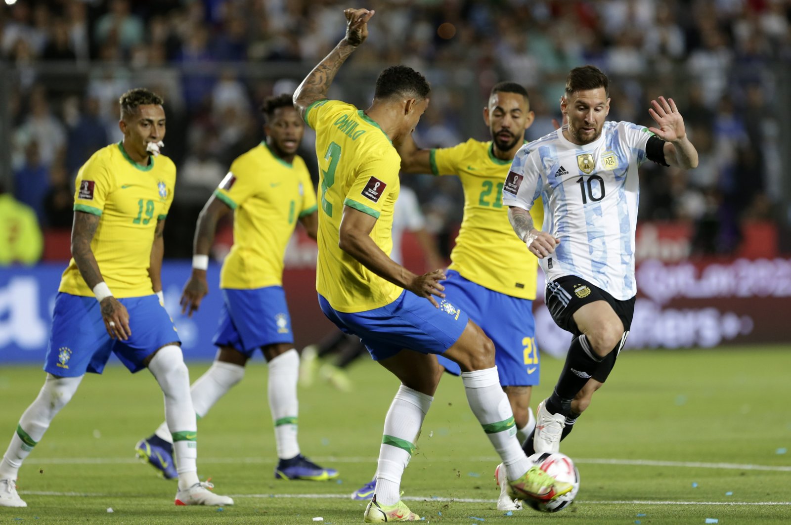 Argentina&#039;s Lionel Messi competes for the ball with Brazil&#039;s Danilo da Silva during a match between Argentina and Brazil as part of FIFA World Cup Qatar 2022 qualifiers at San Juan del Bicentenario Stadium, San Juan, Argentina, Nov. 16, 2021. (Getty Images Photo)