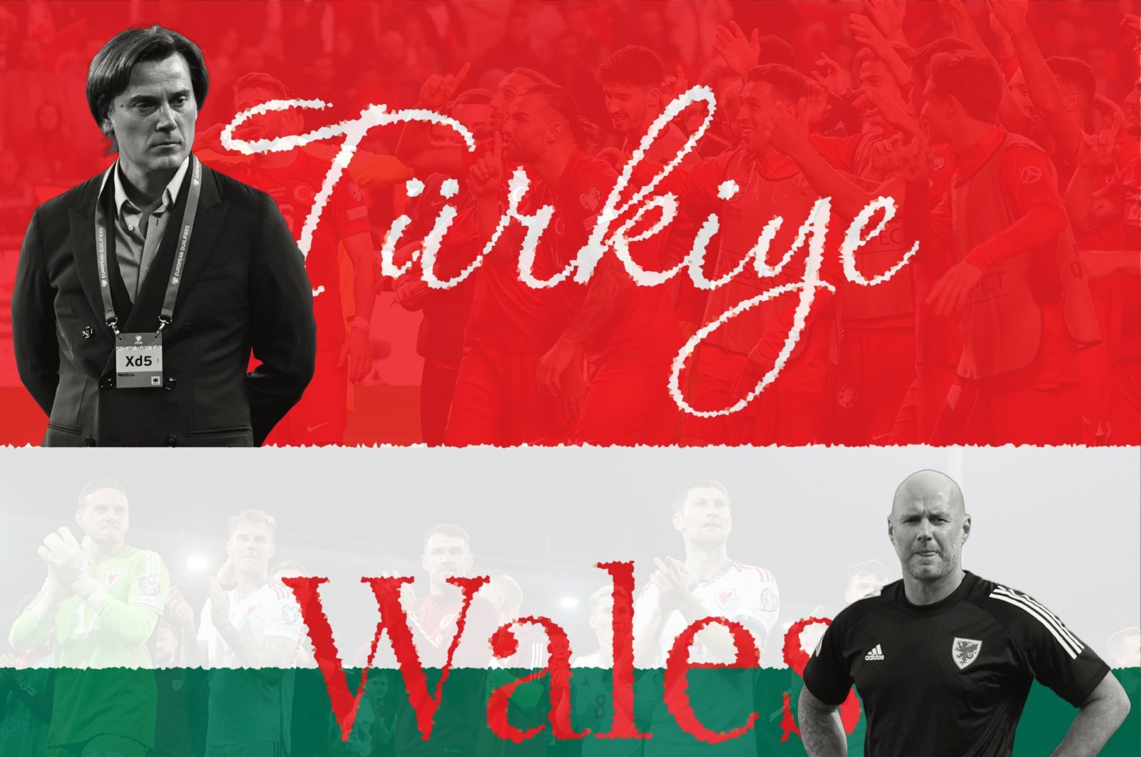 The illustration shows the Turkish national team coach Vincenzo Montella (L) and Wales&#039; coach Rob Page. (Illustration by Mehmet Mücahıt Yılmaz)