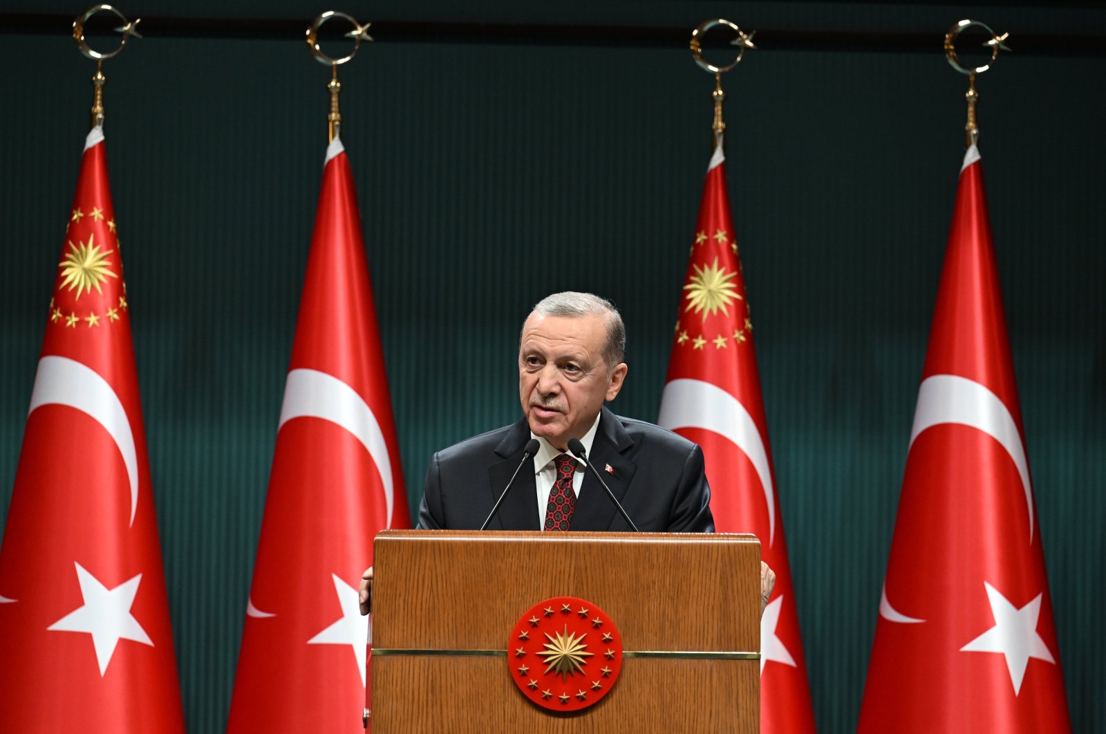 President Recep Tayyip Erdoğan speaks at a news conference following a cabinet meeting in the capital Ankara, Monday, Nov. 20, 2023. (AA Photo)