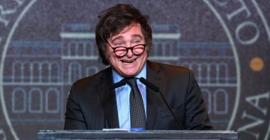 Argentinian presidential candidate for the La Libertad Avanza alliance Javier Milei speaks to supporters after winning the presidential election runoff at his party headquarters in Buenos Aires, Argentina, Nov. 19, 2023. (AFP Photo)
