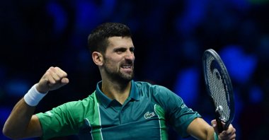 Serbia's Novak Djokovic celebrates after winning against Spain's Carlos Alcaraz during their semifinal match at the ATP Finals tennis tournament, Turin, Italy, Nov. 18, 2023. (AFP Photo)