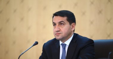 Azerbaijani Presidential aide Hikmet Hajiyev speaks in Baku, Azerbaijan, Oct. 11, 2020. (AA Photo)