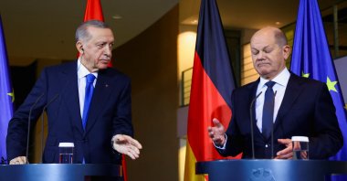 President Recep Tayyip Erdoğan and German Chancellor Olaf Scholz (R) attend a press conference at the Chancellery in Berlin, Germany, Nov. 17, 2023. (Reuters Photo)