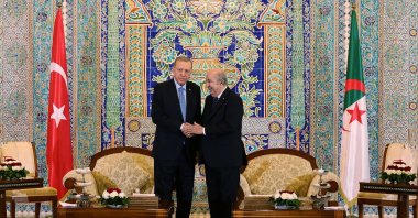 President Recep Tayyip Erdoğan and Algerian President Abdelmadjid Tebboune shake hands in Algiers, Algeria, Nov. 21, 2023. (Turkish Presidential Press Office/Handout via Reuters)