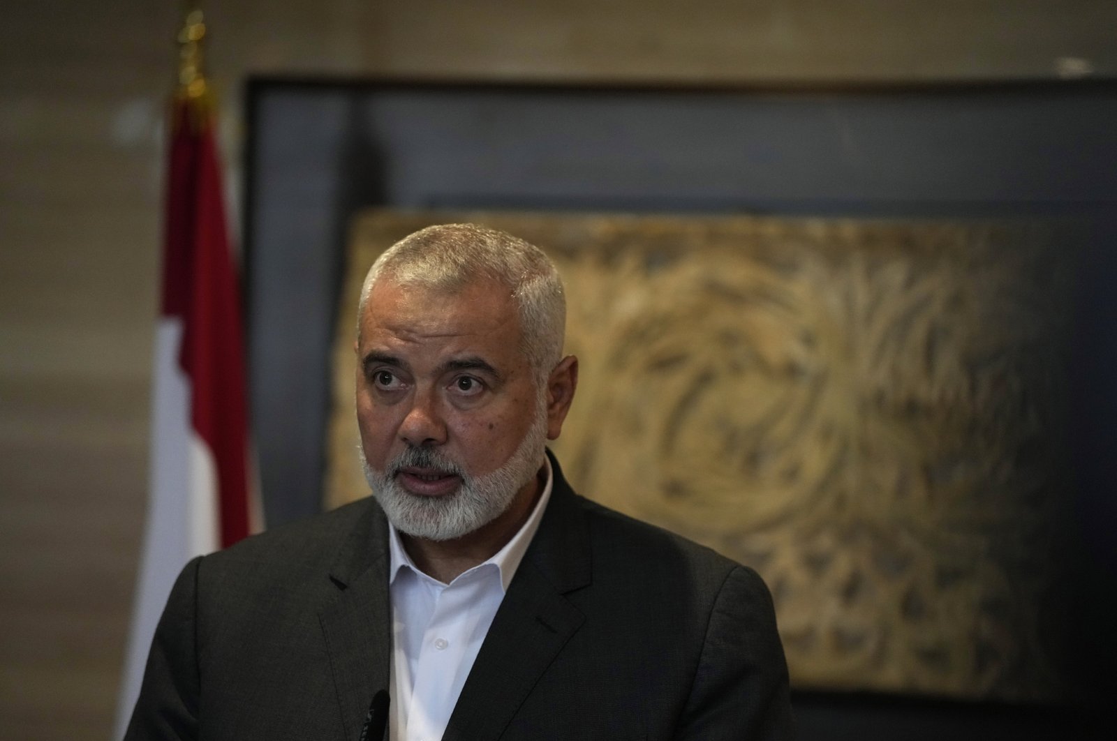 Ismail Haniyeh, the leader of the Palestinian resistance group Hamas, speaks to journalists in Beirut, Lebanon, June 28, 2021. (AP Photo)