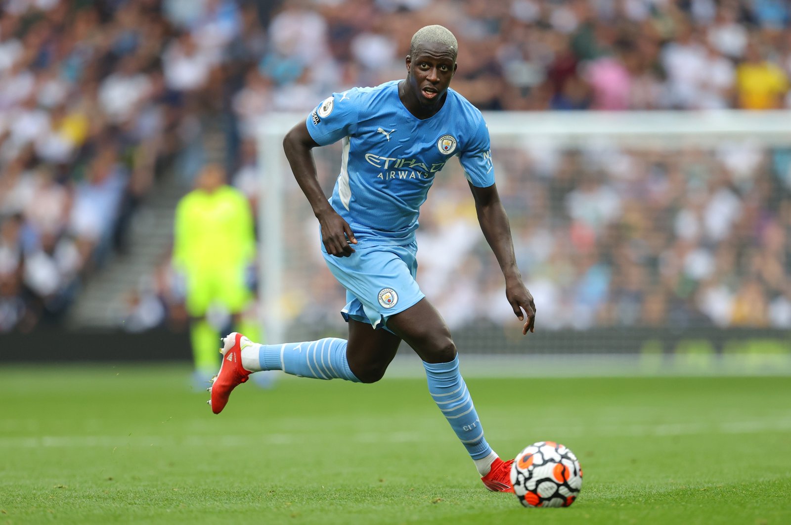 Ex-Manchester City defender Benjamin Mendy runs with the ball during the Premier League match against Tottenham Hotspur, Tottenham Hotspur Stadium, London, U.K., Aug. 15, 2021. (Getty Images Photo)