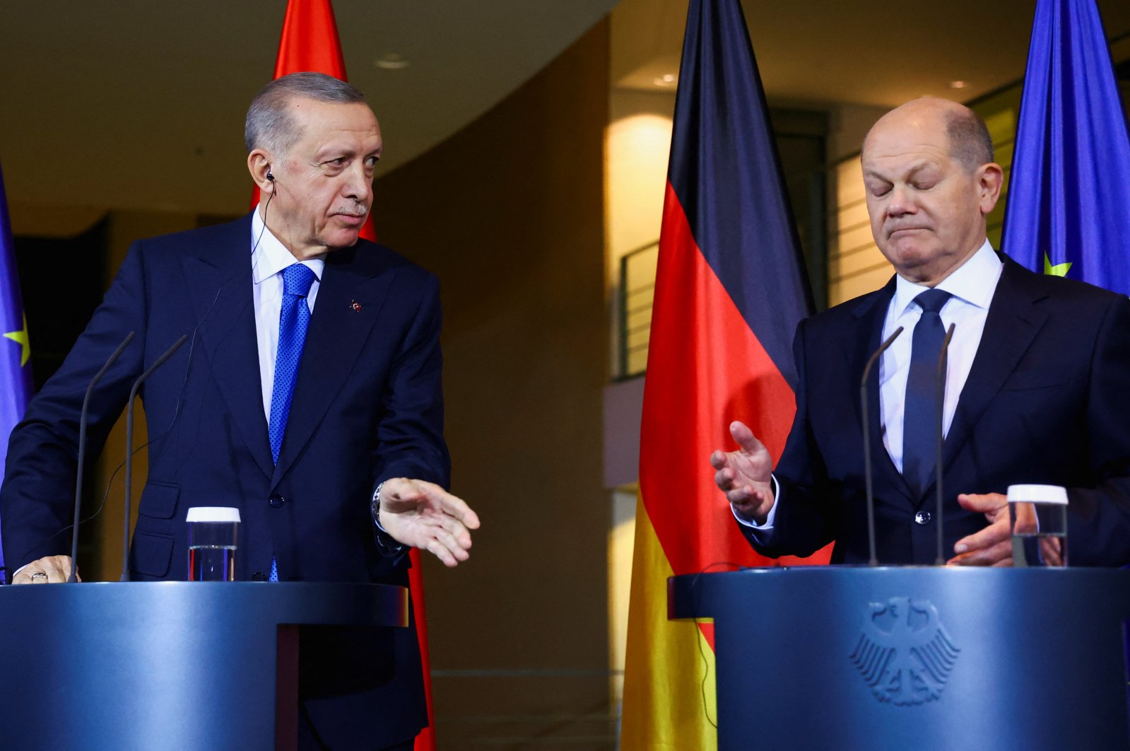 President Recep Tayyip Erdoğan and German Chancellor Olaf Scholz (R) attend a press conference at the Chancellery in Berlin, Germany, Nov. 17, 2023. (Reuters Photo)
