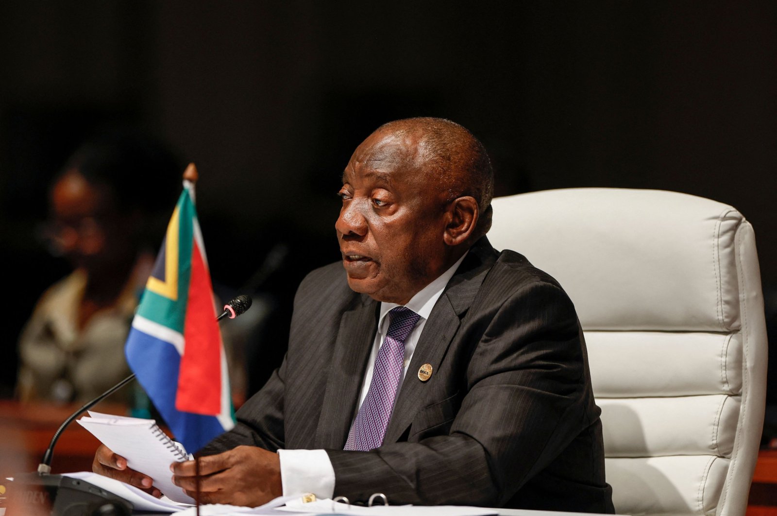 South African President Cyril Ramaphosa delivers his remarks at the plenary session during the 2023 BRICS summit at the Sandton Convention Centre in Johannesburg, South Africa, Aug. 23, 2023. (AFP File Photo)