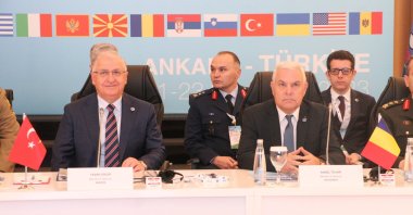 Defense Minister Yaşar Güler (L) attends the South-Eastern Europe Defense Ministerial (SEDM) meeting alongside his Romanian counterpart Angel Tivar in Ankara, Türkiye, Nov. 22, 2023. (DHA Photo)