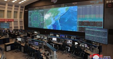 A view of the Pyongyang General Control Center of the Korean National Aerospace Technology Directorate, Pyongyang, North Korea, Nov. 22, 2023. (AFP Photo)