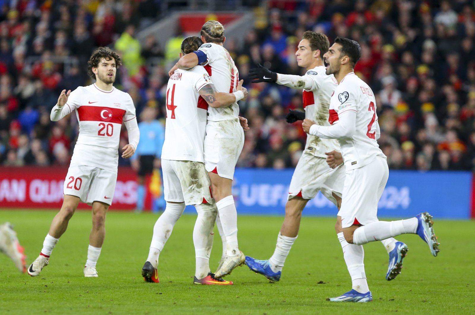 Turkish players celebrate after a goal during the UEFA Euro 2024 qualifier match against Wales at Cardiff City Stadium, Cardiff, U.K., Nov. 21, 2023. (Getty Images Photo)