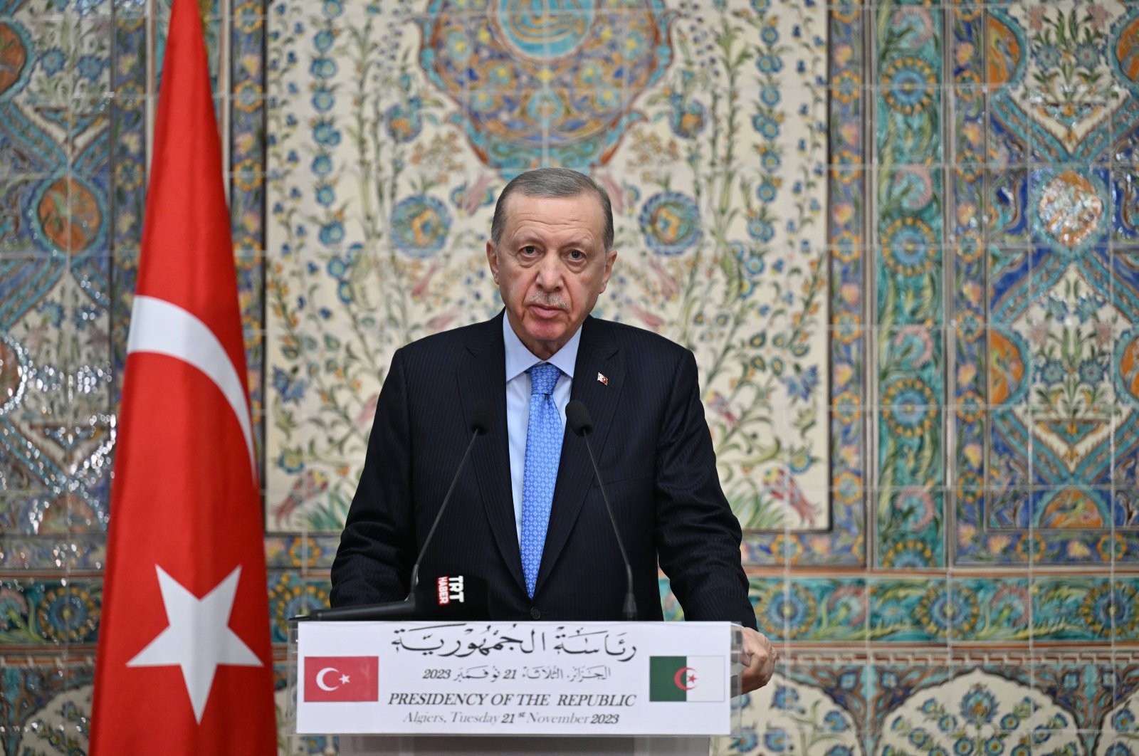 President Recep Tayyip Erdoğan speaks during a news conference in Algiers, Algeria, Nov. 21, 2023. (AA Photo)