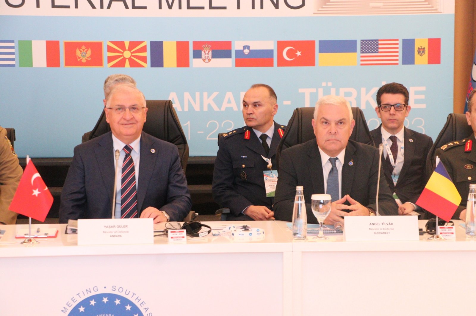 Defense Minister Yaşar Güler (L) attends the South-Eastern Europe Defense Ministerial (SEDM) meeting alongside his Romanian counterpart Angel Tivar in Ankara, Türkiye, Nov. 22, 2023. (DHA Photo)