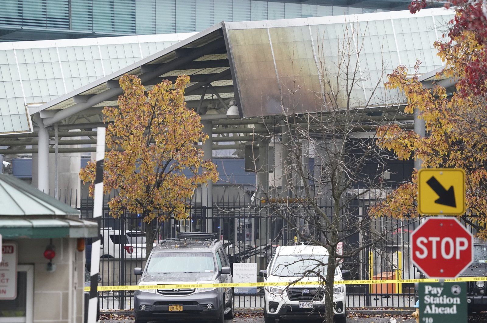 Fire damage is visible to the customs plaza structure at the Rainbow Bridge border crossing between the U.S. and Canada, Nov. 22, 2023. (Derek Gee/The Buffalo News via AP)