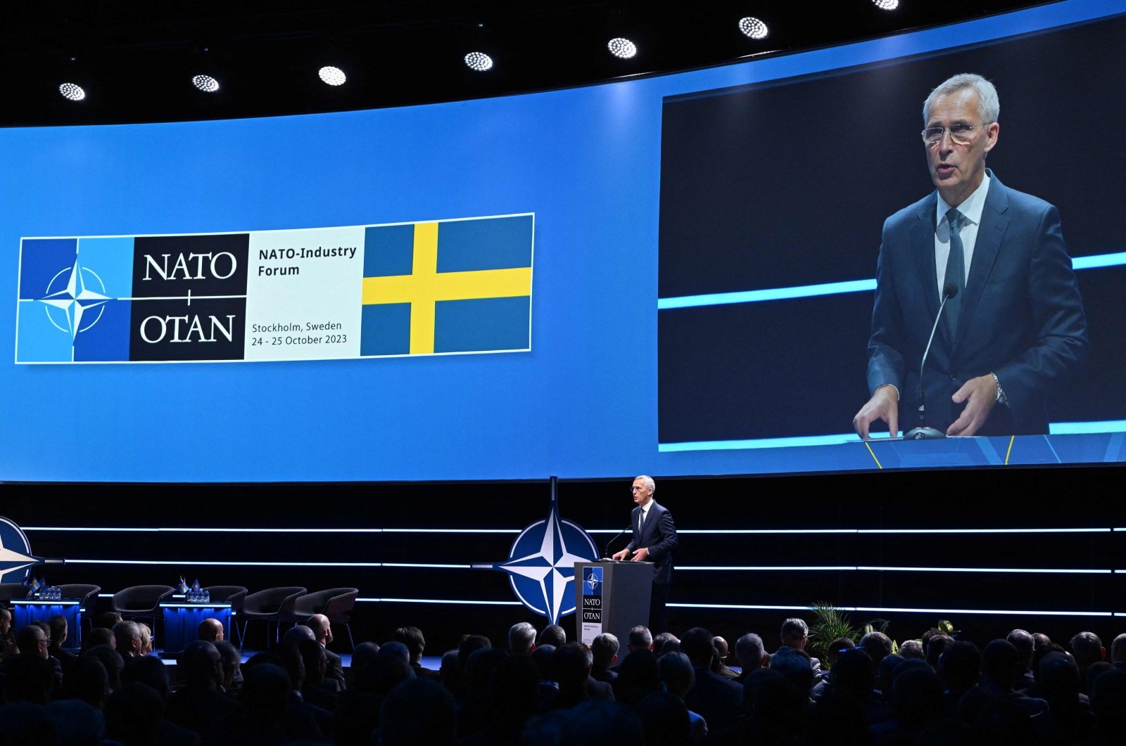 NATO Secretary-General Jens Stoltenberg delivers a speech during the 2023 NATO-Industry Forum, Stockholm, Sweden, Oct. 25, 2023. (AFP File Photo)