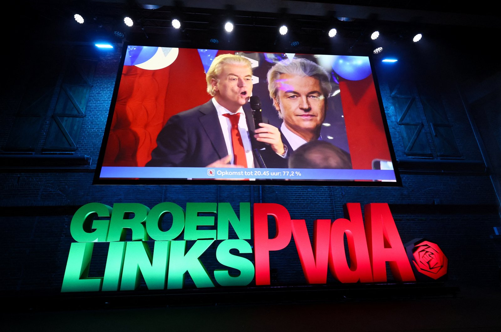 Dutch far-right politician and leader of the PVV party Geert Wilders appears on a screen as supporters of Frans Timmermans, former European Commissioner for Climate Action and leading candidate for the GroenLinks-PvdA, gather to watch the exit poll and early results in the Dutch parliamentary elections, Amsterdam, Netherlands, Nov. 22, 2023. (Reuters Photo)