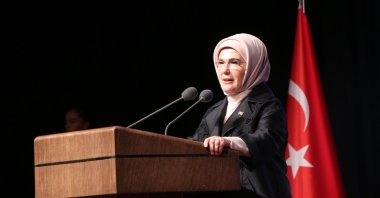 First lady Emine Erdoğan delivers a speech at an event in the capital, Ankara, Türkiye, Nov. 7, 2023. (DHA Photo)