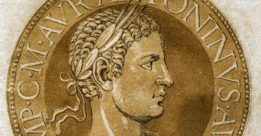 An illustration by Hubert Goltzius from his work "Vivae Omnium Fere Imperatorum Imagines" of a Chiaroscuro medallion portrait woodcut of Roman Emperor Elagabalus of the Severen dynasty. (Getty Images Photo)