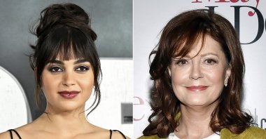 Melissa Barrera (L) attends the world premiere of "Scream VI" in New York and Susan Sarandon attends a special screening of "Maybe I Do" in New York. Sarandon and Barrera were each dropped by Hollywood companies after making comments on the Israel-Hamas war that some deemed anti-Semitic. (AP Photos)