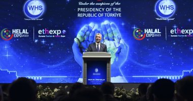 Trade Minister Ömer Bolat delivers a speech at the opening of the 9th World Halal Summit and 10th Organisation of Islamic Cooperation Halal Expo, Istanbul, Türkiye, Nov. 23, 2023. (AA Photo)