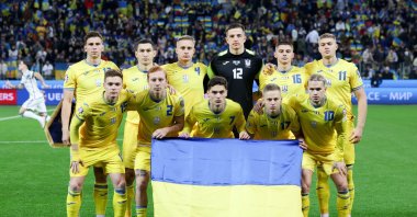 Ukraine starting eleven players pose for the team photo prior to the UEFA Euro 2024 Group C qualification match between Ukraine and Italy in Leverkusen, Germany, Nov. 20, 2023. (EPA Photo)