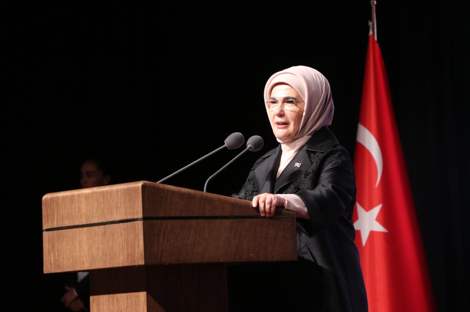 First lady Emine Erdoğan delivers a speech at an event in the capital, Ankara, Türkiye, Nov. 7, 2023. (DHA Photo)