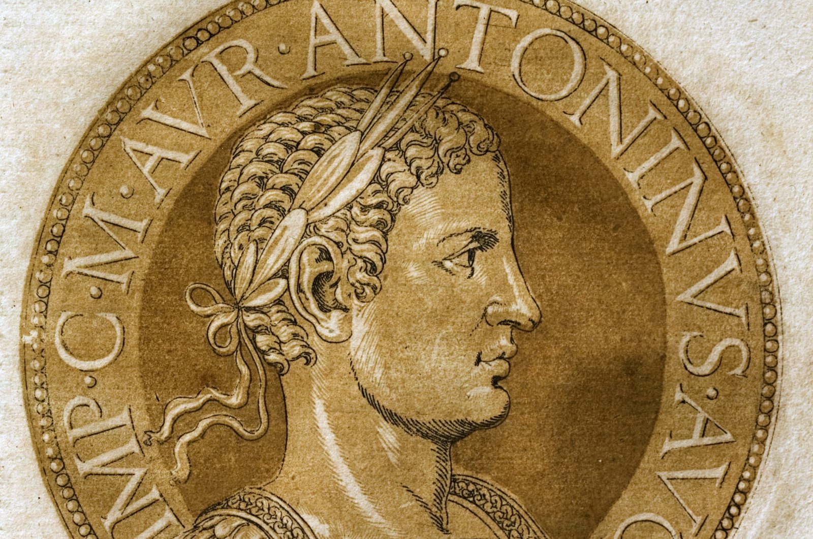 An illustration by Hubert Goltzius from his work &quot;Vivae Omnium Fere Imperatorum Imagines&quot; of a Chiaroscuro medallion portrait woodcut of Roman Emperor Elagabalus of the Severen dynasty. (Getty Images Photo)
