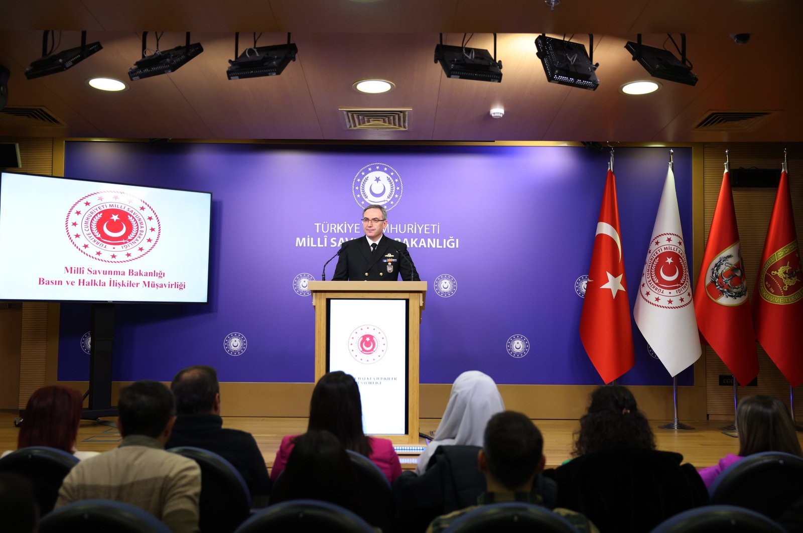 Defense Ministry press adviser Admiral Zeki Aktürk speaks at the press briefing, in the capital Ankara, Türkiye, Nov. 23, 2023. (AA Photo)