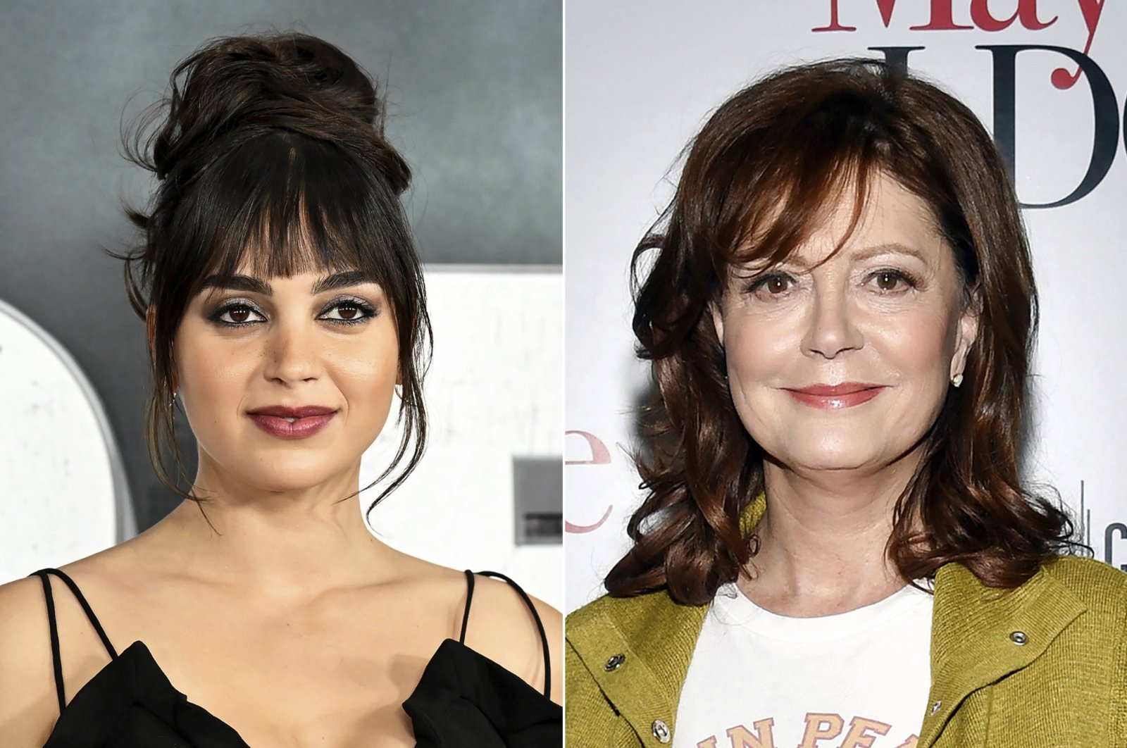 Melissa Barrera (L) attends the world premiere of &quot;Scream VI&quot; in New York and Susan Sarandon attends a special screening of &quot;Maybe I Do&quot; in New York. Sarandon and Barrera were each dropped by Hollywood companies after making comments on the Israel-Hamas war that some deemed anti-Semitic. (AP Photos)