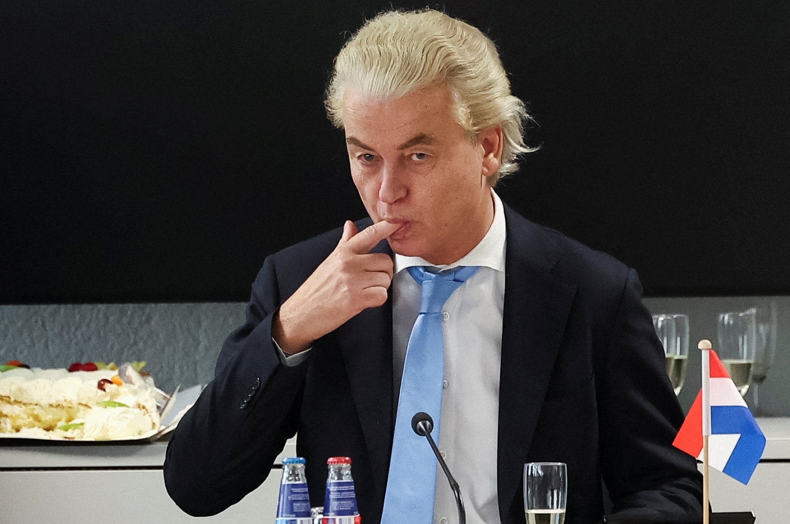 Dutch far-right politician Geert Wilders gestures at a meeting in The Hague, Netherlands, Nov. 23, 2023. (Reuters Photo)