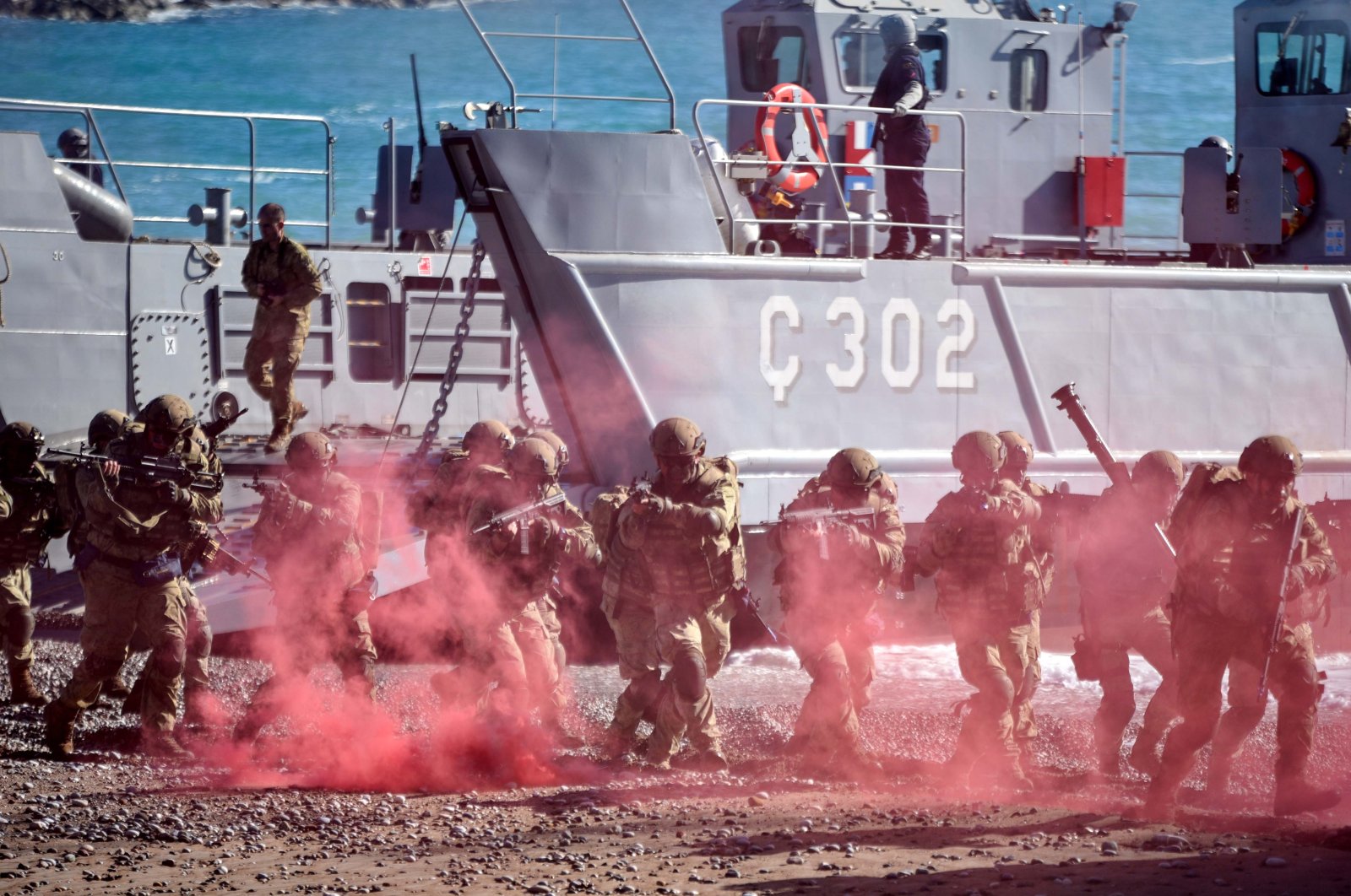 Turkish amphibian infantry forces conduct the Eastern Mediterranean-2023 Exercise as they landed on the shores of Konyaaltı district in southern Antalya province, Türkiye, Nov. 23, 2023. (DHA Photo)