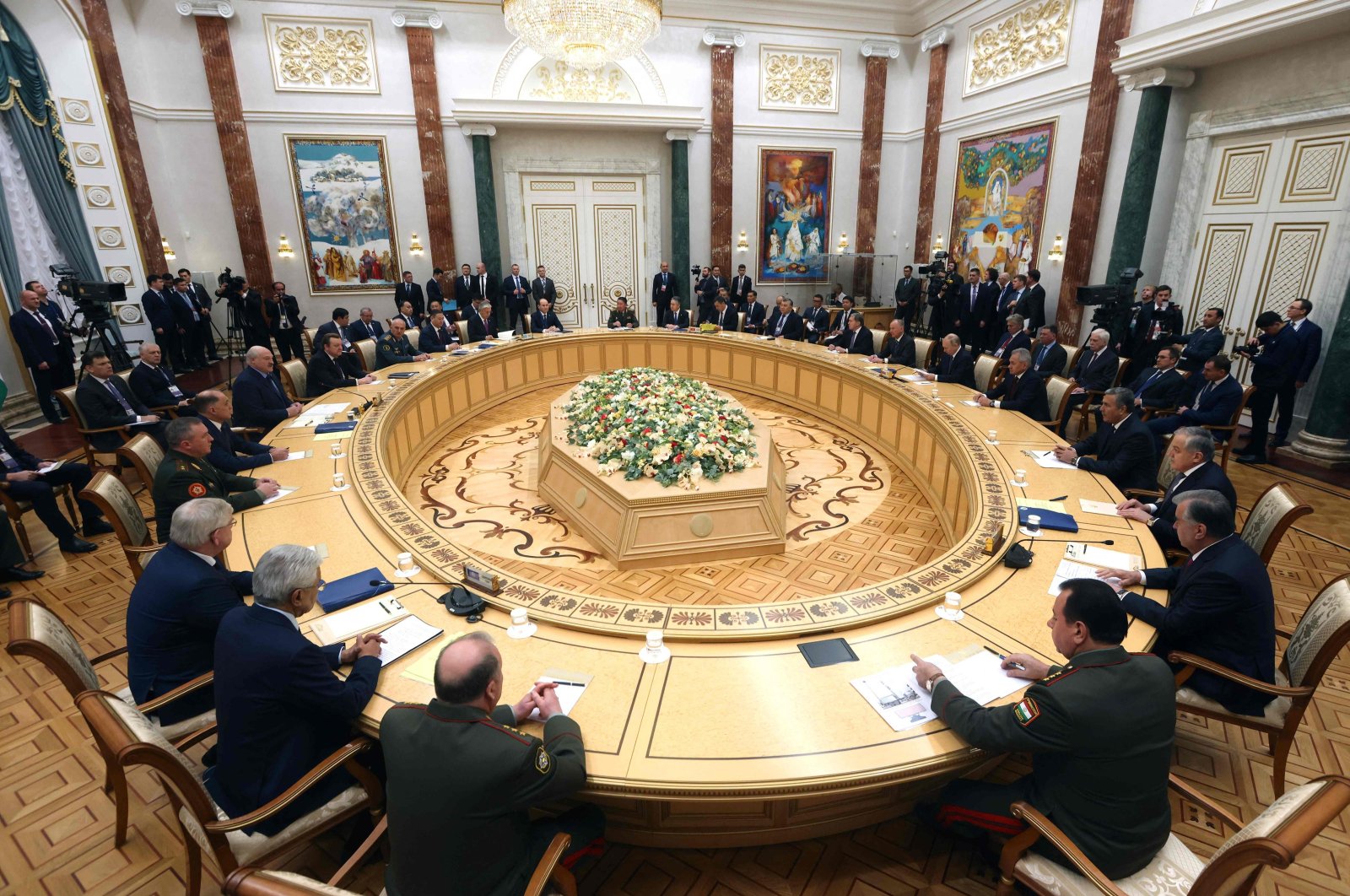 This pool photograph distributed by Russian state agency Sputnik shows Russia&#039;s President Vladimir Putin attending a meeting of leaders of the Collective Security Treaty Organisation (CSTO), a Russia-led security alliance comprising six post-Soviet states, in the Belarusian capital Minsk on Nov. 23, 2023. (AFP Photo)