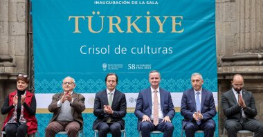 Serkan Kayalar (R3) and Türkiye's Ambassador to Mexico, İlhan Kemal Tuğ (left 3), at the opening ceremony of Türkiye Hall, Nov. 23, 2023, Mexico City, Mexico. (AA Photo)