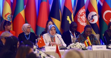 Leman Yenigün, deputy minister for family and social services, is speaking at the "Advancing the Rights and Empowerment of Women" conference, Baku, Azerbaijan, Nov. 20, 2023. (AA Photo)