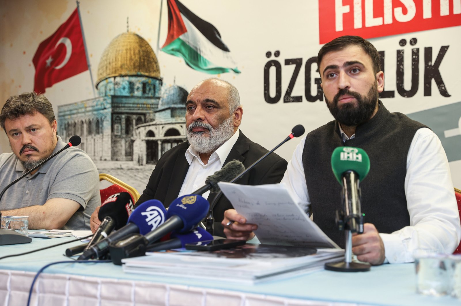 Beheşti İsmail Songür, head of the Mavi Marmara Freedom and Solidarity Association, is seen speaking at a panel in Fatih district, Istanbul, Oct.31, 2023. (AA Photo)