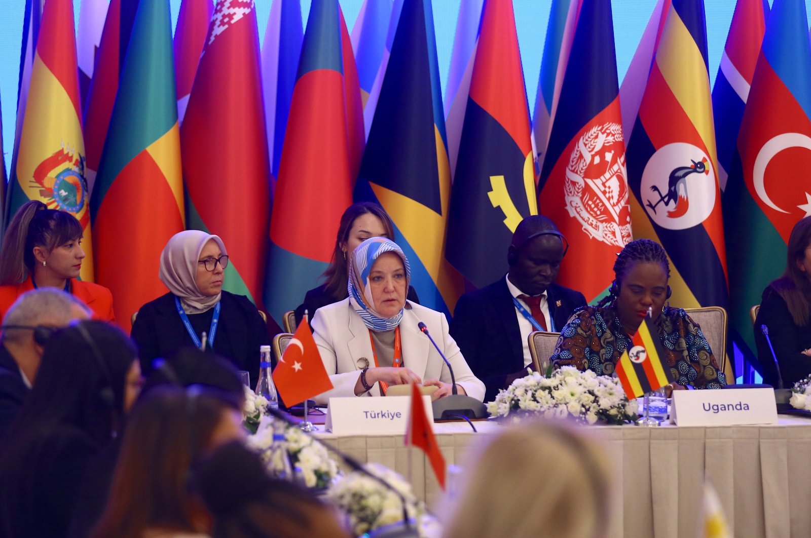 Leman Yenigün, deputy minister for family and social services, is speaking at the "Advancing the Rights and Empowerment of Women" conference, Baku, Azerbaijan, Nov. 20, 2023. (AA Photo)