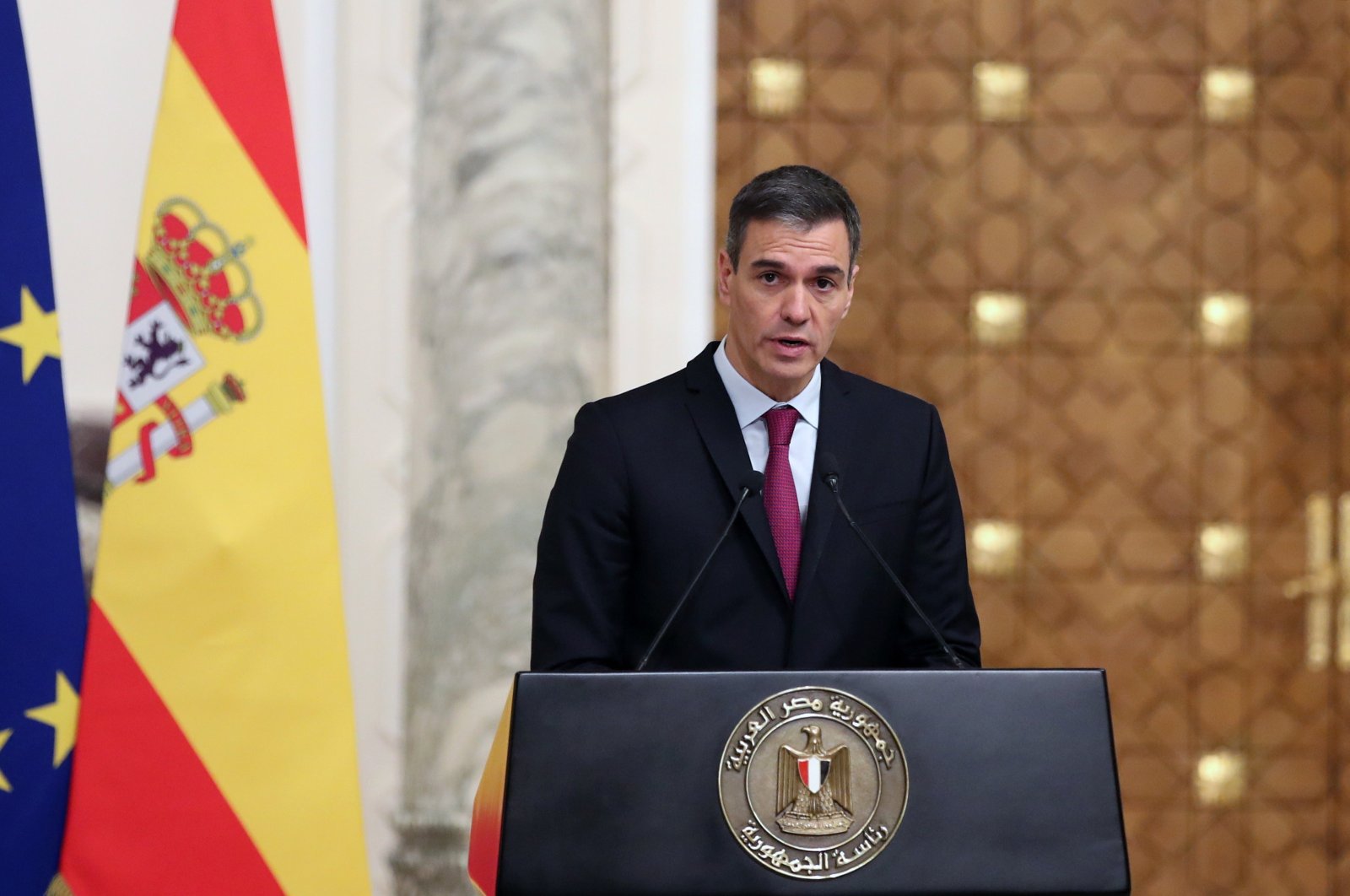 Spanish Prime Minister Pedro Sanchez speaks during a joint press conference with the Egyptian president following their meeting at the Ittihadia Presidential Palace in Cairo, Egypt, Nov. 24, 2023. (EPA Photo)