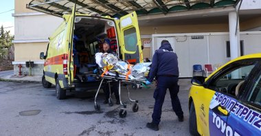 A crew member of a cargo ship is transferred to a hospital following a rescue operation, after a vessel sank off the Greek island of Lesbos, Greece, Nov. 26, 2023. (Reuters Photo)