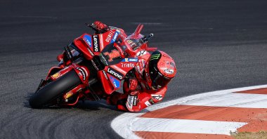 Ducati Italian rider Francesco Bagnaia competes in the MotoGP Valencia Grand Prix at the Ricardo Tormo racetrack, Valencia, Spain, Nov. 26, 2023. (AFP Photo)