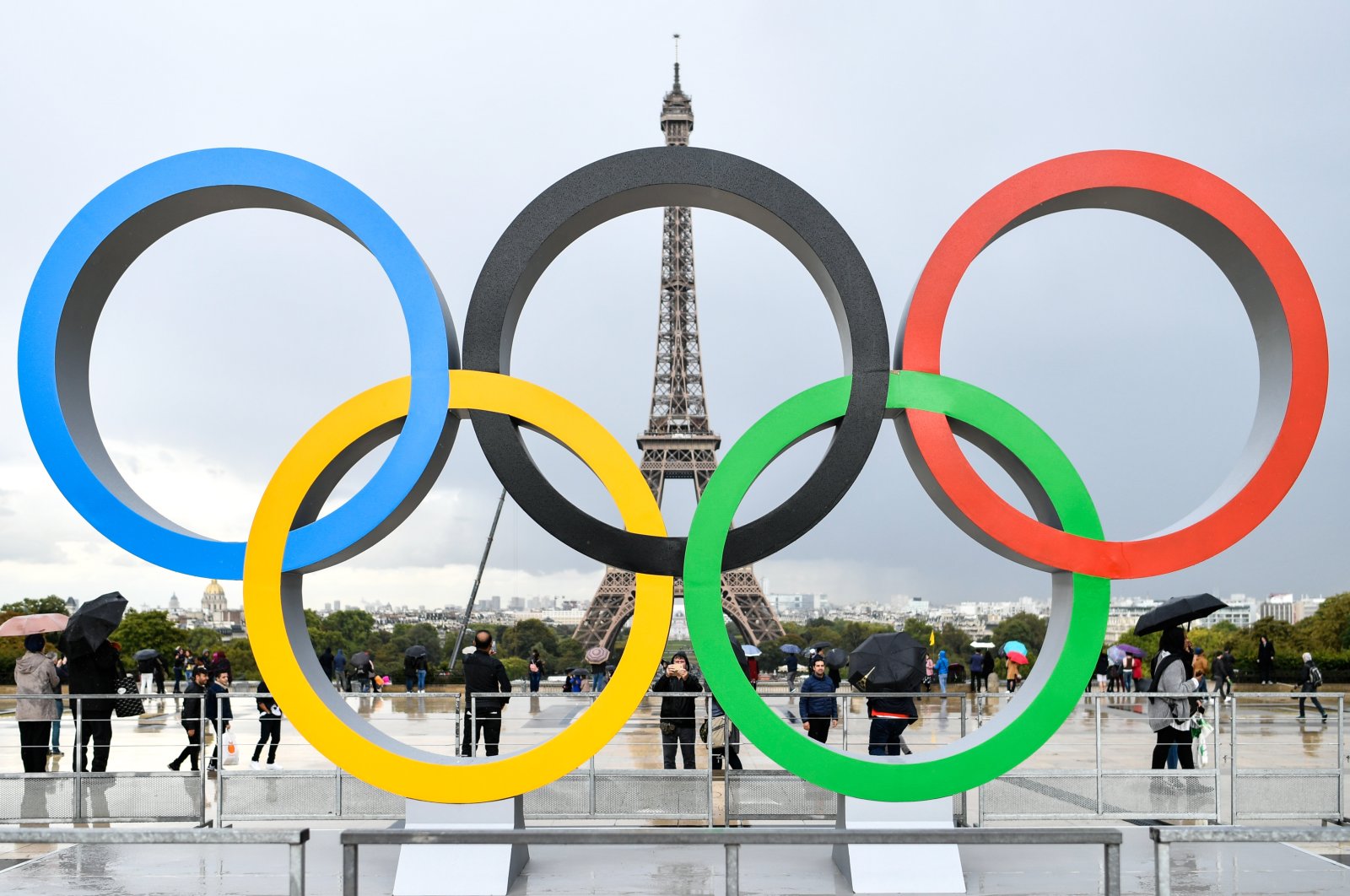 The Olympics Rings sit in a place of honor in front of the Eiffel Tower, Paris, France, Sept. 18, 2017. (Getty Images Photo)