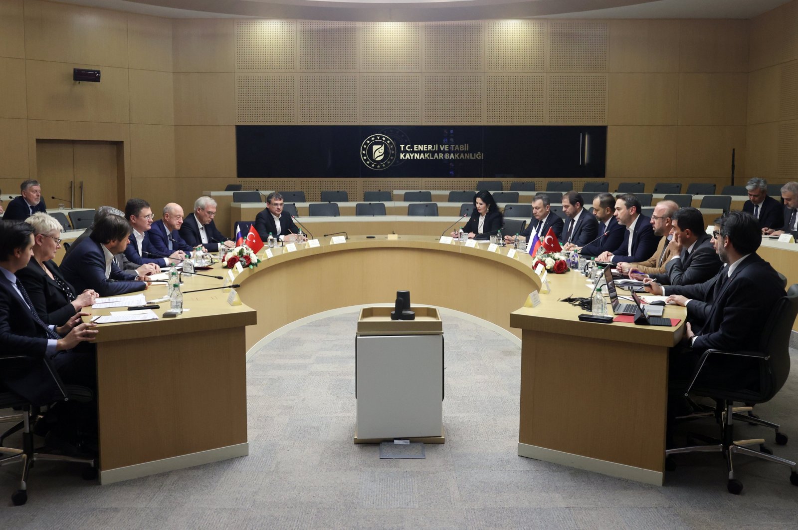 Energy and Natural Resources Minister Alparslan Bayraktar (R-C) and Russian Deputy Prime Minister Alexander Novak (L-C) are seen during the Turkish-Russian Joint Economic Commission meeting in Ankara, Türkiye, Nov. 24, 2023. (AA Photo)