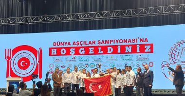 Turkish team wins the trophy at the World Chefs Cup, which is held as part of the World Halal Summit and Halal Expo, Istanbul, Türkiye, Nov. 26, 2023. (Daily Sabah Photo)