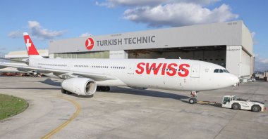 An Airbus A330 aircraft of Swiss International Air Lines (SWISS) is seen in front of the Turkish Technic facility in Istanbul, Türkiye, Nov. 28, 2023. (AA Photo)