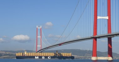 The 400-meter-long "MSC Türkiye," one of the largest container ships in the world, sails through the Çanakkale Strait, or the Dardanelles Strait, in Türkiye, Oct. 29, 2023. (AA Photo)