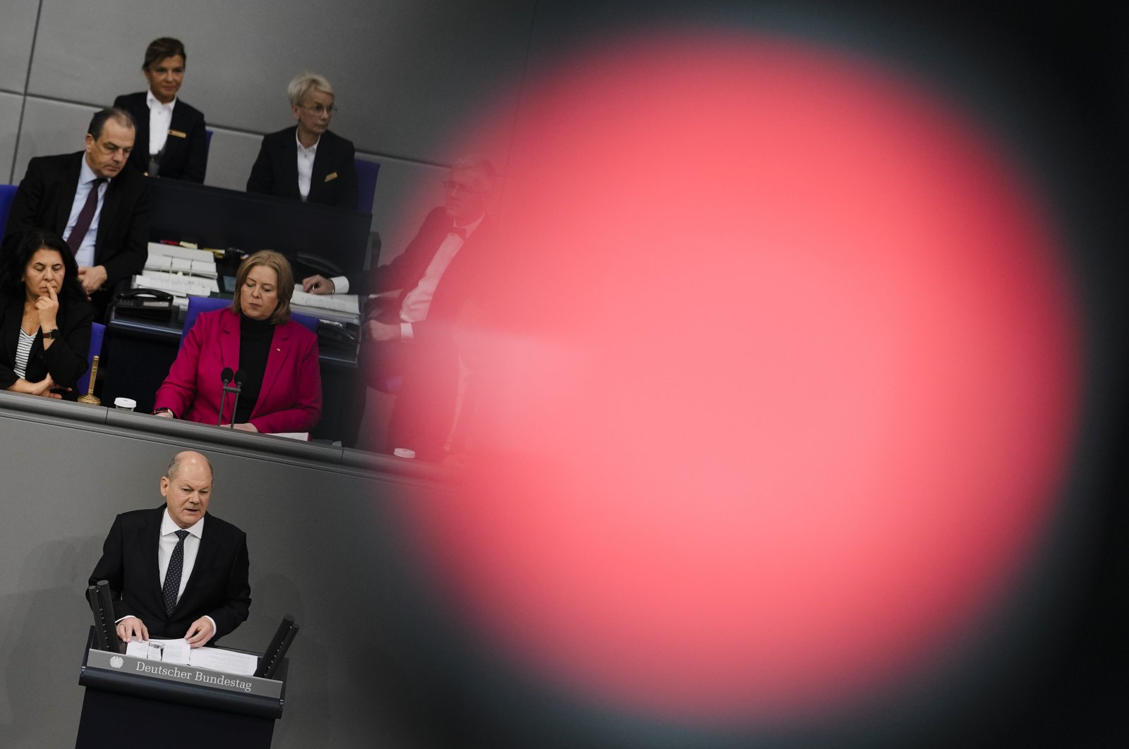 German Chancellor Olaf Scholz (C) delivers a speech about Germany&amp;#039;s budget crisis at the parliament Bundestag in Berlin, Germany, Nov. 28, 2023. (AP Photo9