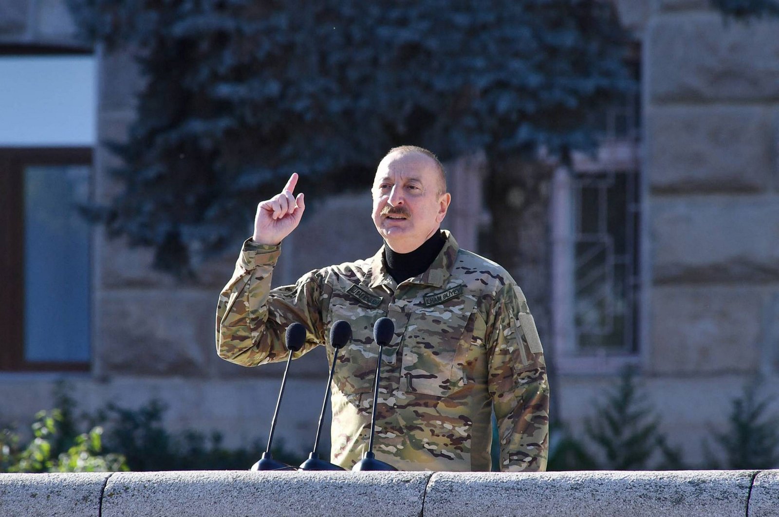 Azerbaijan&#039;s President Ilham Aliyev attends a military parade in Khankendi, Karabakh, Azerbaijan, Nov. 8, 2023. (AFP Photo)