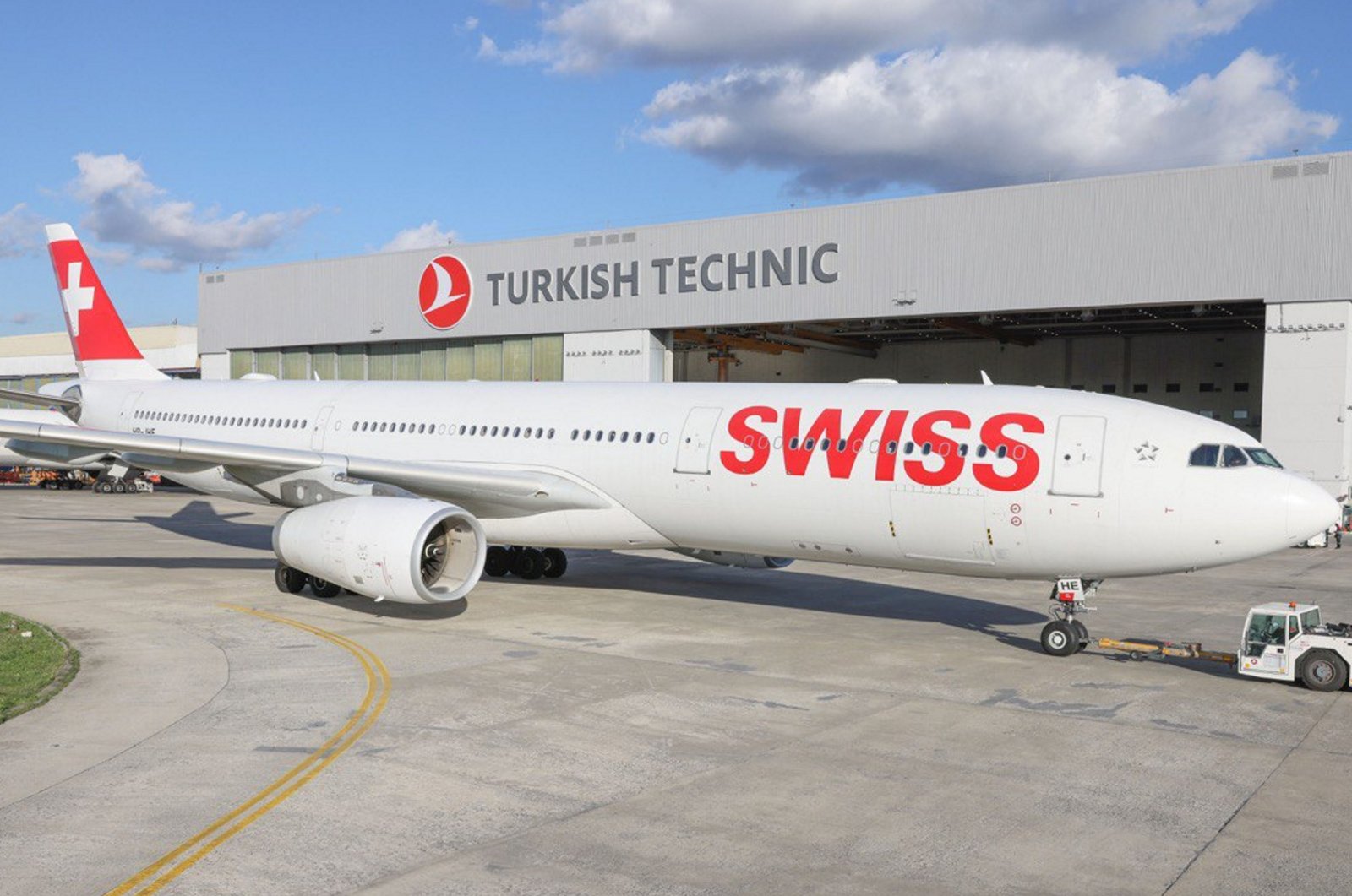 An Airbus A330 aircraft of Swiss International Air Lines (SWISS) is seen in front of the Turkish Technic facility in Istanbul, Türkiye, Nov. 28, 2023. (AA Photo)