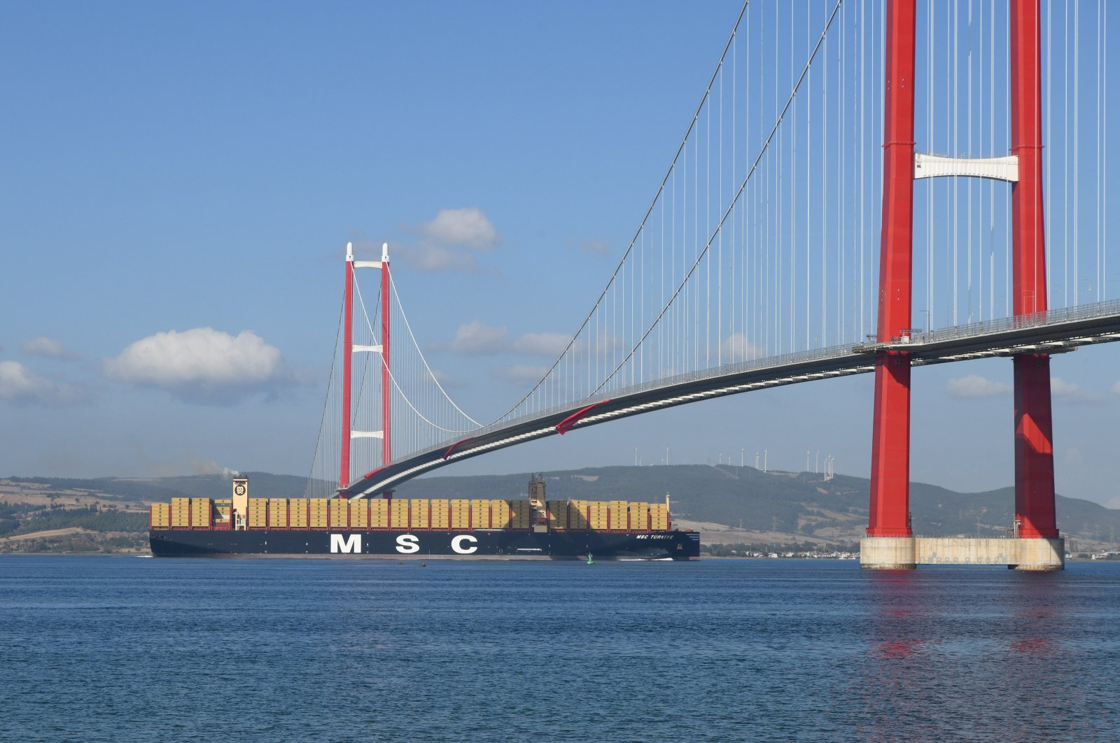 The 400-meter-long "MSC Türkiye," one of the largest container ships in the world, sails through the Çanakkale Strait, or the Dardanelles Strait, in Türkiye, Oct. 29, 2023. (AA Photo)